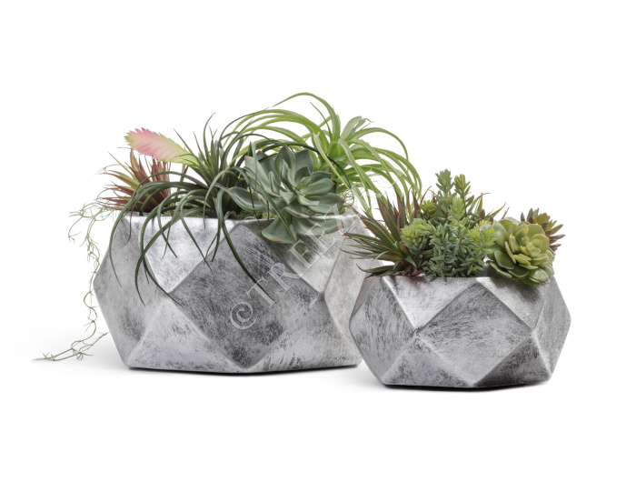 Кашпо TREEZ ERGO - Rombo - Низкая чаша-многогранник - Состаренное серебро фото